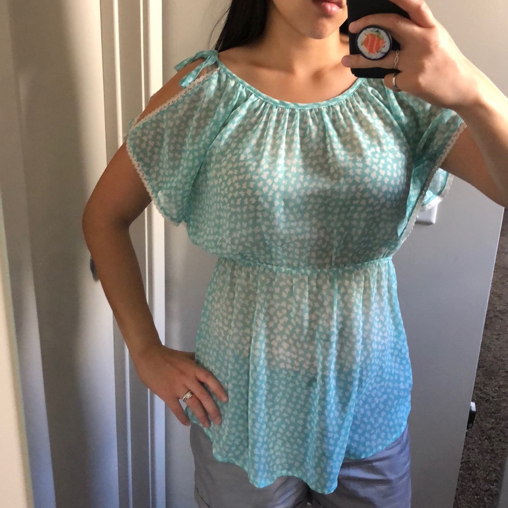 Mint Cold Shoulder Top with Lace Trim